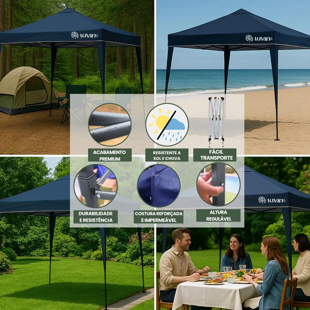 Tenda Gazebo Sanfonada Articulada Luvinco 3x3m Azul Impermeável Resistente Proteção Ao Ar Livre Camping Praia Eventos Montagem Prática Estrutura Resistente Durável - Image 3