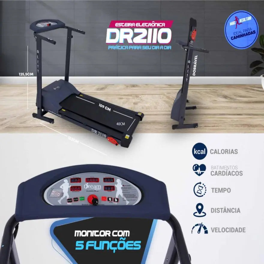 Esteira Elétrica Dream Fitness Ergométrica Bivolt Ginástica DR2110 Preto - Image 3