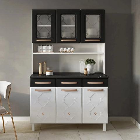 Armário De Cozinha Em Aço Triplo 6 Portas 3 Gavetas Mirage Branco/preto - Image 1